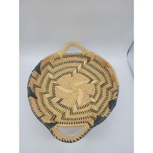 Handcrafted Woven Basket Tray with Handles Sunburst Pattern Green Black 15 Inch
